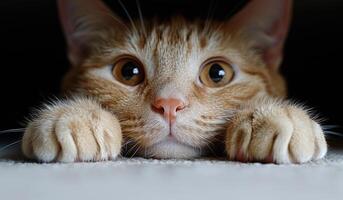 A cat with its eyes wide open and its paws on its face. The cat is looking at the camera photo