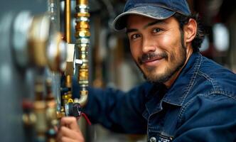 A man in a blue shirt is smiling and fixing a pipe. Concept of satisfaction and accomplishment as the man works on the task at hand photo