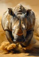 A rhino is running through the desert, kicking up sand as it goes. The scene is intense and dramatic, with the rhino's powerful movements and the swirling dust creating a sense of motion and energy photo