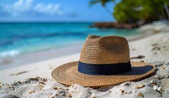 A straw hat is laying on the sand at the beach. The hat is open and the brim is down. The beach is calm and peaceful, with the ocean in the background photo