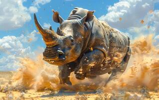 A rhino is running through the desert, kicking up sand and dust. The scene is intense and dramatic, with the rhino's powerful movements and the swirling dust creating a sense of motion and energy photo