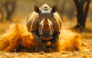 A rhino is running through the desert, kicking up a cloud of dust. The scene is intense and dramatic, with the rhino's powerful movements and the swirling dust creating a sense of urgency and energy photo
