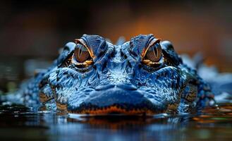 A close up of a crocodile's face in water. The blue color of the crocodile's face is striking and the water is calm photo