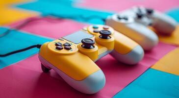 Three yellow and white game controllers are laying on a colorful background. The controllers are placed in a row, with the yellow one in the middle and the white one on the right photo