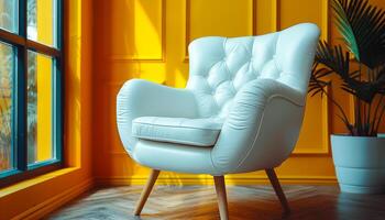 A white chair is sitting in front of a yellow wall. The chair is facing a window with a potted plant in the background. The room has a bright and cheerful atmosphere photo