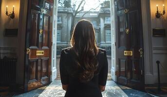 A woman in a black dress stands in front of a door. The door is open, and the woman is looking out of it. The scene is set in a building with a lot of windows photo