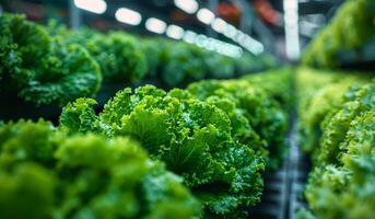 un fila de verde lechuga plantas son creciente en un invernadero. el plantas son lozano y saludable, con un brillante verde color ese soportes fuera en contra el oscuro antecedentes. concepto de crecimiento y abundancia foto