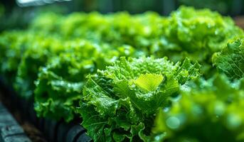 A bunch of green lettuce leaves are wet. The leaves are in a container and are arranged in a row photo
