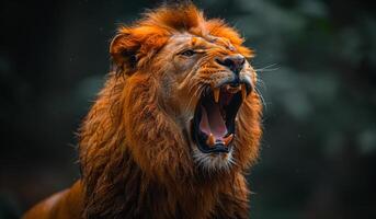 A lion is roaring in the wild. The lion is in a forest with trees and bushes. The lion is in a wild state, and it is showing its teeth photo
