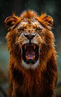 A fierce lion is roaring with its mouth wide open, showing its sharp teeth and intense gaze. The rain is pouring down, adding to the dramatic atmosphere of the scene photo