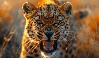 A leopard is shown with its mouth open and teeth bared. Concept of danger and aggression, as the leopard appears to be ready to attack. The yellow and brown colors of the leopard's fur photo