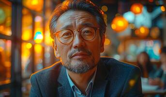A man wearing glasses and a suit is sitting at a table in a restaurant. He looks tired and is staring at the camera photo