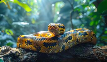 A snake is curled up on a branch in a jungle. The snake is yellow and black with a black head photo