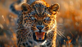 A young leopard is standing in a field with its mouth open, showing its teeth. Concept of wildness and untamed nature, as the leopard is in its natural habitat photo