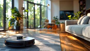A robot vacuum cleaner is in a living room with a couch and a potted plant. The room is bright and inviting, with sunlight streaming in through the windows. The robot is positioned on the floor photo