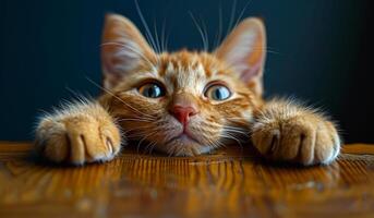 A cat with its eyes wide open is looking at the camera. The cat is orange and has long, fluffy fur. Concept of curiosity and playfulness, as the cat seems to be interested in the camera photo