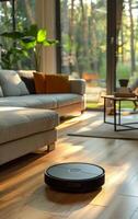 A robot vacuum cleaner is in a living room with a couch and a potted plant. The room is bright and inviting, with sunlight streaming in through the windows. The robot is positioned on the floor photo