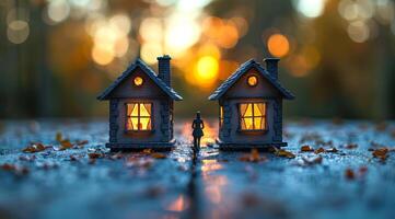 Two tiny houses are lit up and a person is walking between them. The houses are positioned close to each other, with one on the left and the other on the right photo