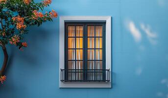 A window with a white curtain and a black frame. The window is open and the curtain is drawn. The window is in front of a wall with a blue color photo