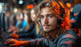 A man with long hair is wearing headphones and looking at the camera. He is in a room with other people, some of whom are also wearing headphones. Scene is casual and relaxed photo