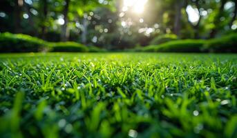A lush green field with a bright sun shining on it. The grass is well-maintained and the sun is casting a warm glow on the scene photo