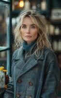 A woman with long blonde hair is standing in front of a window. She is wearing a blue coat and scarf photo