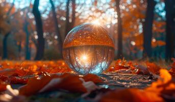 A glass ball is sitting on a pile of leaves. The ball is reflecting the sunlight, creating a beautiful and serene scene. Concept of peace and tranquility, as the natural elements of the forest photo