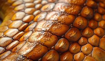 A close up of a brown and orange lizard skin. The skin is covered in small bumps and ridges, giving it a textured appearance. Scene is one of curiosity and fascination photo