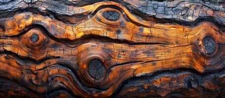 The wood has a burnt look to it, with dark spots and a rough texture. The wood appears to be old and weathered, with a sense of history and character photo