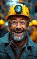 A man wearing a yellow helmet and glasses is smiling. He is surrounded by other people, some of whom are also wearing helmets. Scene is cheerful and lighthearted photo