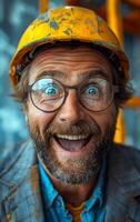 A man with a yellow hard hat and glasses is smiling and looking surprised. He is wearing a blue shirt and a gray jacket photo