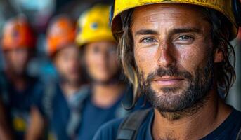 A man with a yellow helmet and a beard is smiling at the camera. He is the center of attention in the group of people photo