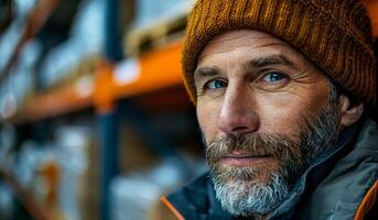 A man with a beard and a yellow hat is standing in front of a warehouse. He has a serious expression on his face photo