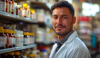 A man in a white lab coat stands in front of a shelf of medicine bottles. He is smiling and he is happy photo
