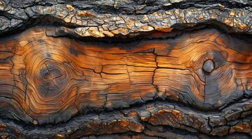 The bark of a tree is charred and burnt, with a dark brown color. The bark is rough and has a lot of texture, giving it a rugged appearance photo