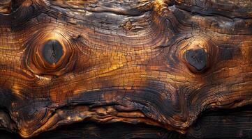 The wood grain is burnt and has a rough texture. The wood is old and has a rustic appearance photo