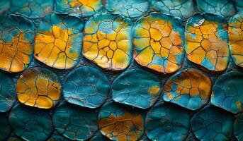 A colorful and textured surface, possibly a leaf or a piece of leather. The colors are a mix of blue and yellow, creating a vibrant and eye-catching appearance. The surface has a unique pattern photo