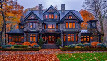 A large house with a lot of windows and a porch. The house is surrounded by trees and has a lot of leaves on the ground photo