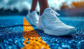 A person is wearing a white shoe and standing on a blue and yellow line. The shoe is white and has a yellow stripe photo