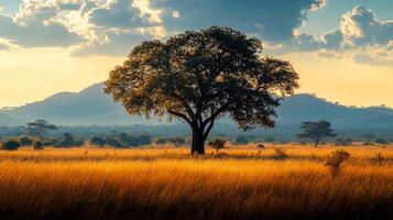 A large tree stands in a field of tall grass. The sky is cloudy and the sun is setting photo