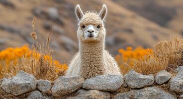 A baby llama is standing in front of a stone wall. The llama is looking at the camera and he is curious. The scene has a peaceful and calm mood, with the llama being the main focus of the image photo