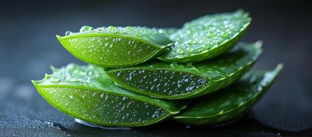 A stack of green leaves with water droplets on them. The leaves are arranged in a pyramid shape photo
