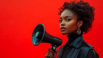 A woman with a microphone is standing in front of a red background. She is wearing a black jacket and gold earrings photo