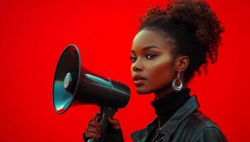 A woman with a microphone is standing in front of a red background. She is wearing a black jacket and a pair of earrings. Concept of empowerment and confidence, as the woman is holding a microphone photo