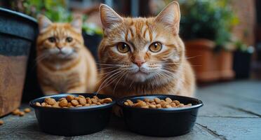 Two cats are eating from two black bowls. One of the cats is looking at the camera. The bowls are filled with cat food photo