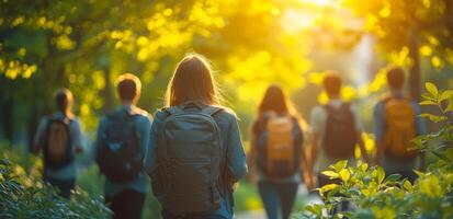 A group of people are walking through a forest, each carrying a backpack. The sun is shining brightly, casting a warm glow on the scene photo