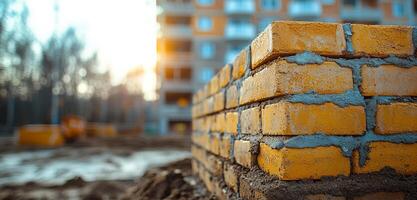 A brick wall is being built in front of a building. The bricks are yellow and the wall is still in the process of being constructed photo