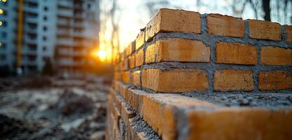 A brick wall is being built in front of a building. The sun is setting in the background, casting a warm glow on the bricks photo