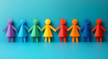 A group of colorful paper dolls are holding hands in a rainbow line. Concept of unity and diversity, as the dolls come in various colors and sizes photo