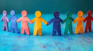 A group of people holding hands in a circle. The people are of different colors and sizes. Concept of unity and togetherness photo